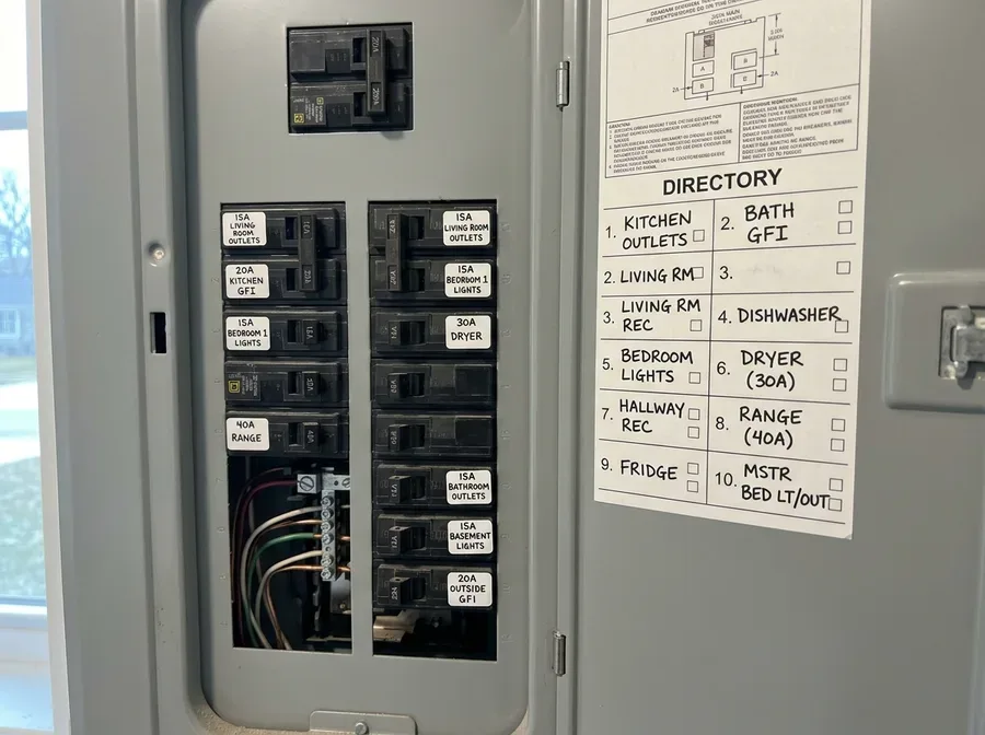 A finished 200-amp panel with new breakers and labeled circuits, cover open, garage wall in daylight